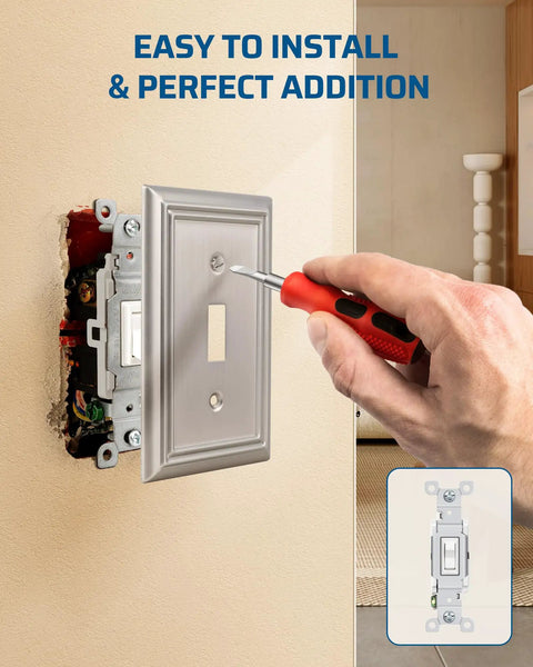 Tough As Nails Metal Wall Plate For Single Toggle Switch Covers, Corrosion Resistant Brushed Nickel Finish, easy installation shown.