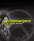 Cyclist on rugged trail beside 'Kilimanjaro Cycle Series' logo, dark textured background.
