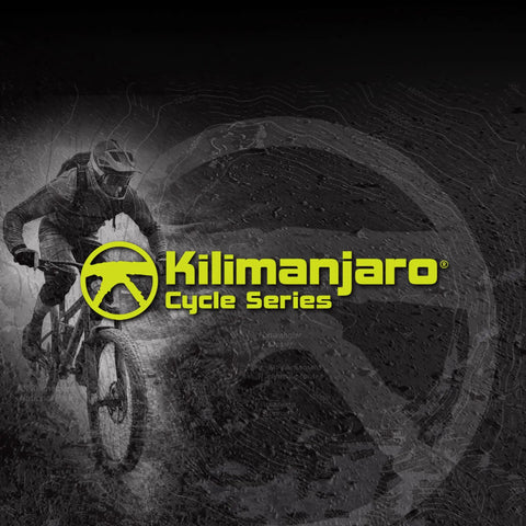 Cyclist on rugged trail beside 'Kilimanjaro Cycle Series' logo, dark textured background.
