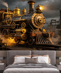 Custom Size Wall Murals Vintage Steam Locomotive Industrial Oil Painting Retro Train Engine Factory Scene Self Adhesive Removable Large Wallpaper For Living Room Office Decor Epic Vibe over bed
