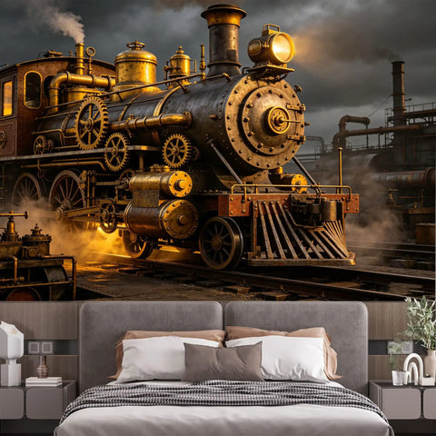 Custom Size Wall Murals Vintage Steam Locomotive Industrial Oil Painting Retro Train Engine Factory Scene Self Adhesive Removable Large Wallpaper For Living Room Office Decor Epic Vibe over bed