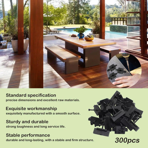Top Shelf Hidden Deck Fasteners With Heavy Duty Stainless Steel Screws And Precision Drill Bits Weather Resistant shown with deck installation tools and outdoor patio furniture.