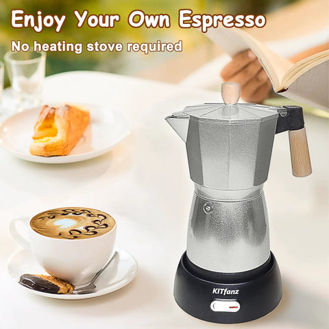 Electric Espresso Maker For Home Use No Stove Top Fuss Italian Moka Pot Style Cuban Coffee Maker Portable Silver on table