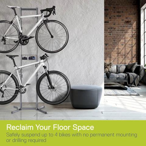 Two bikes on Four Bike Freestanding Gravity Rack With Basket For Garage Or Home Use No Drilling Required, modern loft setting