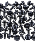 Badass 50 Piece Black Nylon Door Trim Panel Retainer Clips And Interior Fasteners For Ford spread out on a surface.