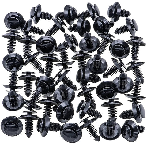 Badass 50 Piece Black Nylon Door Trim Panel Retainer Clips And Interior Fasteners For Ford spread out on a surface.