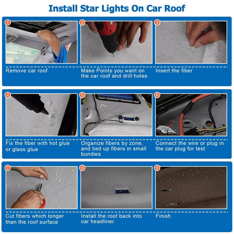 Installation steps for Twinkle Fiber Optic Star Ceiling Light Kit 415 Pieces on car roof with drill, fiber, wiring, and final setup.