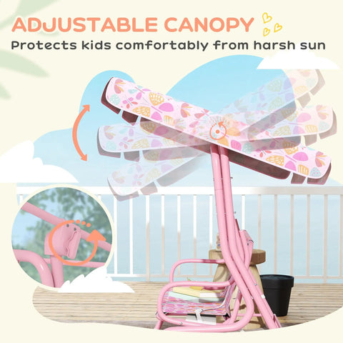 Side view of Kids 2 Seater Patio Porch Swing With Adjustable Canopy And Safety Belt Pink Butterfly Pattern Hanging Swing Bench