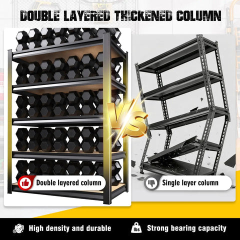Beefy Heavy Duty Garage Shelving Set, 2-Pack, 5-Tier Metal Storage Racks, 71 Inch High, 35 Inch Wide, 15.7 Inch Deep, Adjustable Steel Shelves, Supports Up To 2050 Lbs Total, Perfect For Tools, Bins, And Bulk Items, double-layered column rack