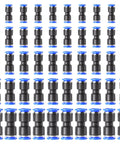Pneumatic push-to-connect straight fittings, plastic, 50-pack, black with blue ends (front view)