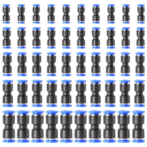 Pneumatic push-to-connect straight fittings, plastic, 50-pack, black with blue ends (front view)