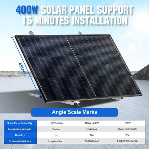 400W solar panel on 45-inch solar panel mount brackets with foldable tilt legs, adjustable kit for RV roof boat off grid