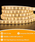 82Ft Dimmable LED Rope Lights With Double Row Lit Warm White 3000K, coiled showing brightness and energy efficiency features.