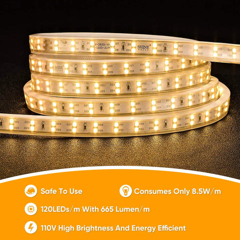 82Ft Dimmable LED Rope Lights With Double Row Lit Warm White 3000K, coiled showing brightness and energy efficiency features.