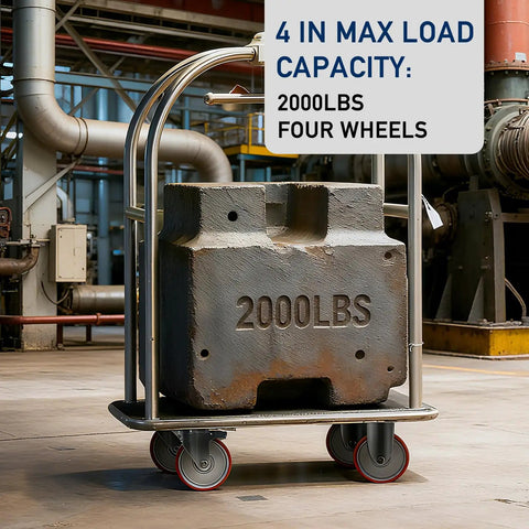 Beefy Four Inch Caster Wheel Set With Two Locking Brakes And Two Rigid Rollers Tough Steel Frame grunting under 2000lbs load.