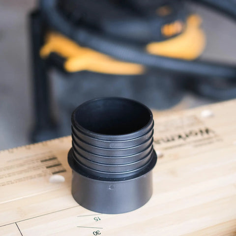 4 Inch Plastic Pipe Quick Connect Adapter Coupler for Woodshop Dust Collection Flexible Hose Kit, durable plastic build, on workbench.