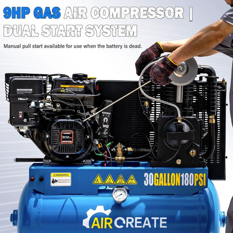 30 Gallon Gas Air Compressor With 9HP Engine And 180Psi Max Pressure Offering 22cfm Flow For Heavy Duty Jobs Electric Start 302Cc Motor Portable Design Perfect For Contractors And Auto Shops