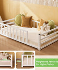 Toddler Floor Bed With Rails And Door, Montessori Low Profile Metal Platform Bed For 2 To 5 Years Old in white finish with cushions