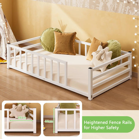 Toddler Floor Bed With Rails And Door, Montessori Low Profile Metal Platform Bed For 2 To 5 Years Old in white finish with cushions