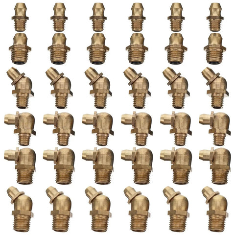 Ultimate Copper Grease Zerk Fittings Kit M6 M8 M10 with various angled copper fittings for industrial lubrication.