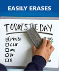 Hand erasing text on a whiteboard. Low Odor Dry Erase Markers With Vibrant Ink And Chisel Tip 16 Count For Whiteboards And Glass Surfaces.