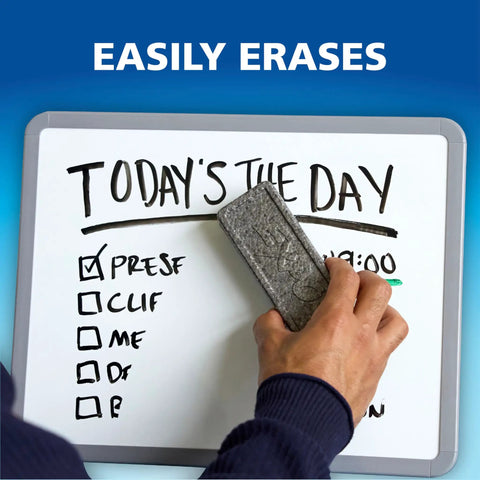 Hand erasing text on a whiteboard. Low Odor Dry Erase Markers With Vibrant Ink And Chisel Tip 16 Count For Whiteboards And Glass Surfaces.
