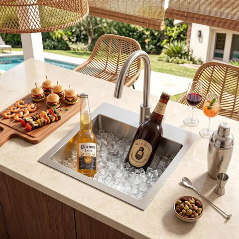 Drop In Bar Sink 15x15 Inch, Topmount Single Bowl, 16 Gauge Stainless Steel Kitchen Sink for Wet Bar, filled with ice and bottles