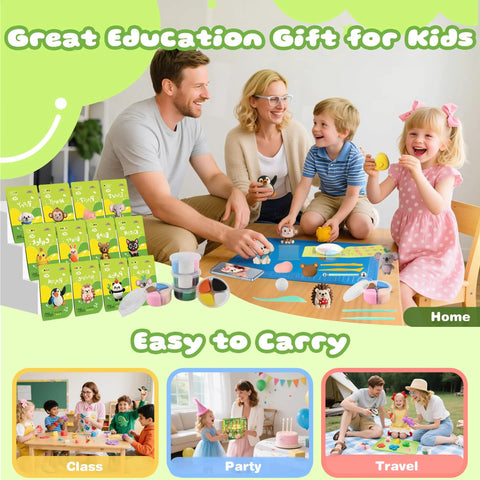 Family crafting with Air Dry Clay Kit For Kids With 12 Animal Figures Modeling Clay Set With Sculpting Tools And Tutorials.