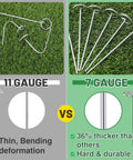 Comparison of 11 gauge thin landscape staples and Heavy Duty 7 Gauge Thickened Garden Fabric Stakes 6 Inch Galvanized Landscape Staples