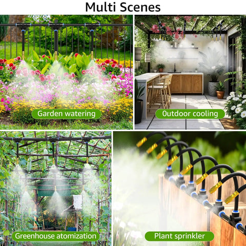 100 Ft One Quarter Inch Drip Irrigation System Kit With 16 Adjustable Copper Nozzles used in garden, patio, and greenhouse setup