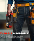 Person holding Rechargeable LED Work Light With Dual COB Panels, 2500 Lumens, Folding Portable Flood Light by a pocket slot.