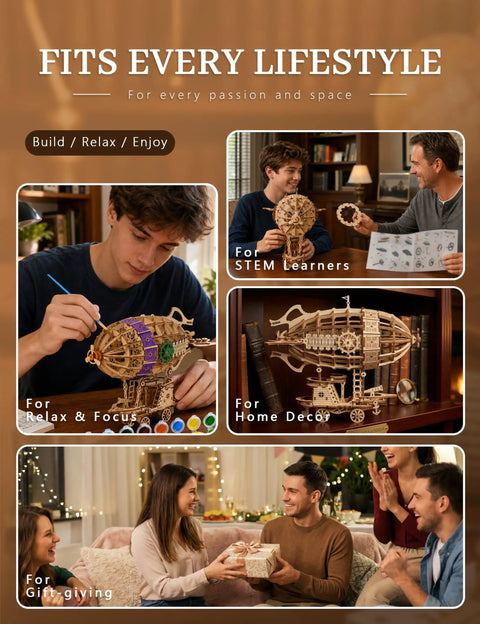 3D Wooden Steampunk Airship Puzzle Kit For Adults, Epic 160 Precision Cut Pieces in various home usage scenarios