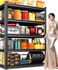Five Tier Heavy Duty Metal Garage Shelving Unit With industrial steel construction storing tools, boxes, and gear.