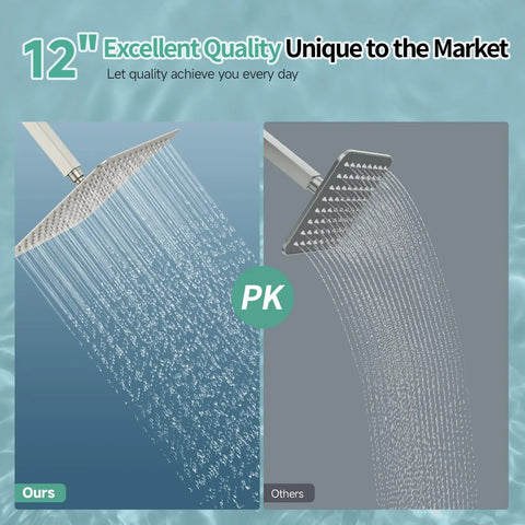 12 Inch Rain Shower Head High Pressure Rainfall Showerhead with water flow comparison 304 Stainless Steel