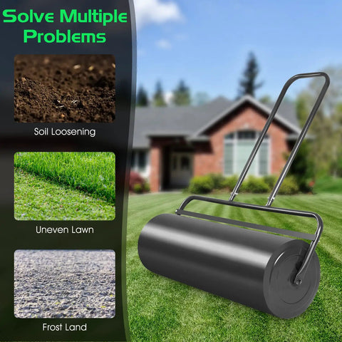 Beefy 36 Inch Lawn Roller With 17 Gallon Capacity For Water Or Sand Filling, showing push handle and durable steel frame