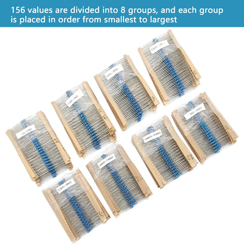 Metal film resistor kit with 156 values (1Ω–10MΩ), 1/4W, ±1%, RoHS, for DIY projects