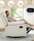Woman relaxing on Rocking Recliner Chair With 360 Degree Swivel Glider And Manual Recline, Corduroy Fabric Upholstery, Cozy Beige