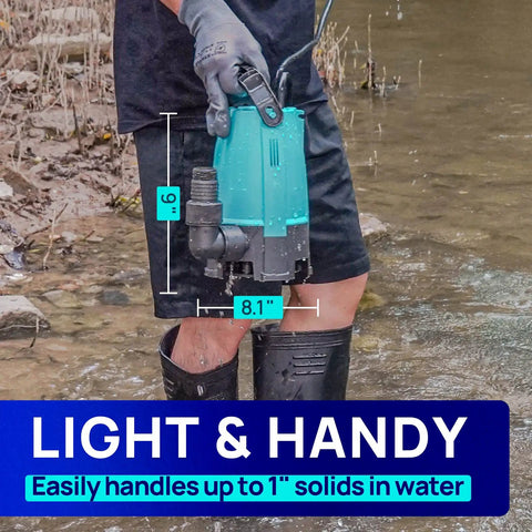 Person holding Heavy Duty Half Horsepower Submersible Sump Pump With Float Switch Drains Up To 2411GPH At 3ft Lift
