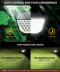 4 Pack Solar Spot Lights Outdoor Crazy Bright Garden Landscape Lighting With 47 LEDs Four Sides Illumination 300 Degree Beam showing auto control features.