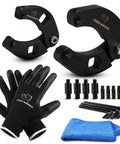Front view Rhino Gland Nut Wrench: 2 black adjustable hydraulic spanners with gloves, blue towel, pins & Allen wrenches