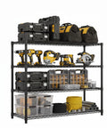 Heavy Duty Four Tier Wire Shelving Rack For Garage And Home Office Hella Sturdy Metal Storage Shelf with tools and storage bins.