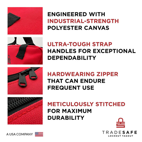 Heavy Duty Lockout Tagout Bag for LOTO Devices with strong handles and tear-resistant polyester material, close-up view