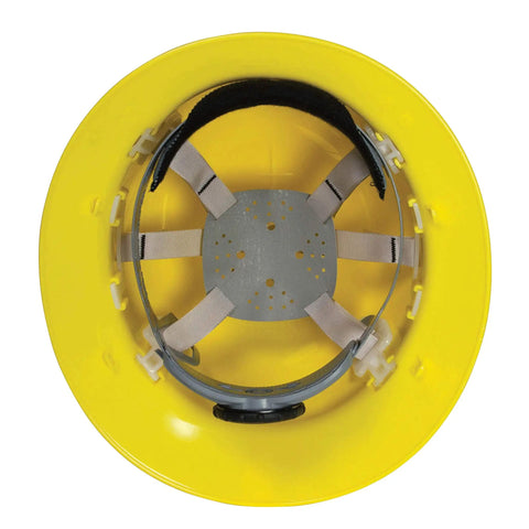 Interior view of Full Brim Safety Hard Hat With 8 Point Ratchet Suspension, Lightweight HDPE Construction, High Visibility Yellow
