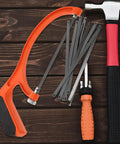 Built Tough Portable Mini Hacksaw Featuring Thickened Carbon Steel Blade And Ten Spare Replacements for wood and metal cutting tools.