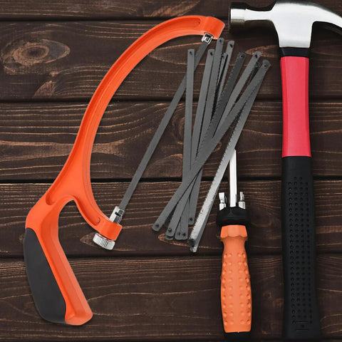 Built Tough Portable Mini Hacksaw Featuring Thickened Carbon Steel Blade And Ten Spare Replacements for wood and metal cutting tools.
