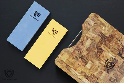 Premium Whetstone Kit With 3000 And 8000 Grit, Extra Large Stones, Top Notch Corundum on cutting board, knife visible