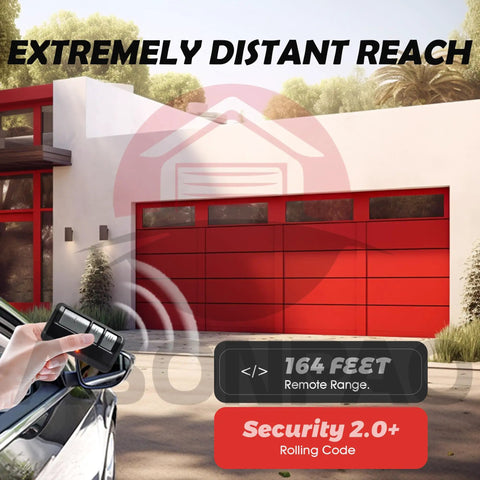 Hand holding 2 pack universal garage door opener remote for LiftMaster 893Max 893LM, house with red garage doors visible.