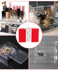 Collage of self adhesive cabinet hinges set for wooden boxes and small furniture, mini clear acrylic hinges for jewelry boxes, DIY use.