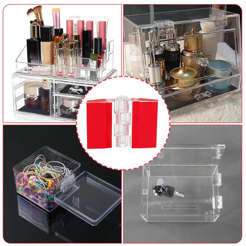 Collage of self adhesive cabinet hinges set for wooden boxes and small furniture, mini clear acrylic hinges for jewelry boxes, DIY use.