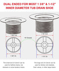 Diagram showing dual-ended tub drain remover wrench tool for shower and bathtub, built tough aluminum, fits 1-3/8" and 1-1/2" drain shoes.